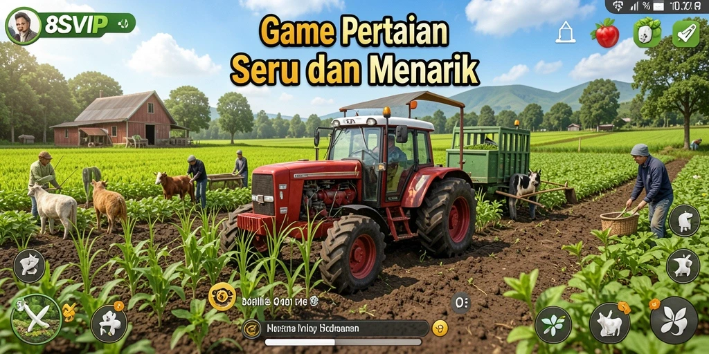 Tampilan gameplay <strong>8SVIP</strong> dengan lahan pertanian yang luas dan tanaman subur.