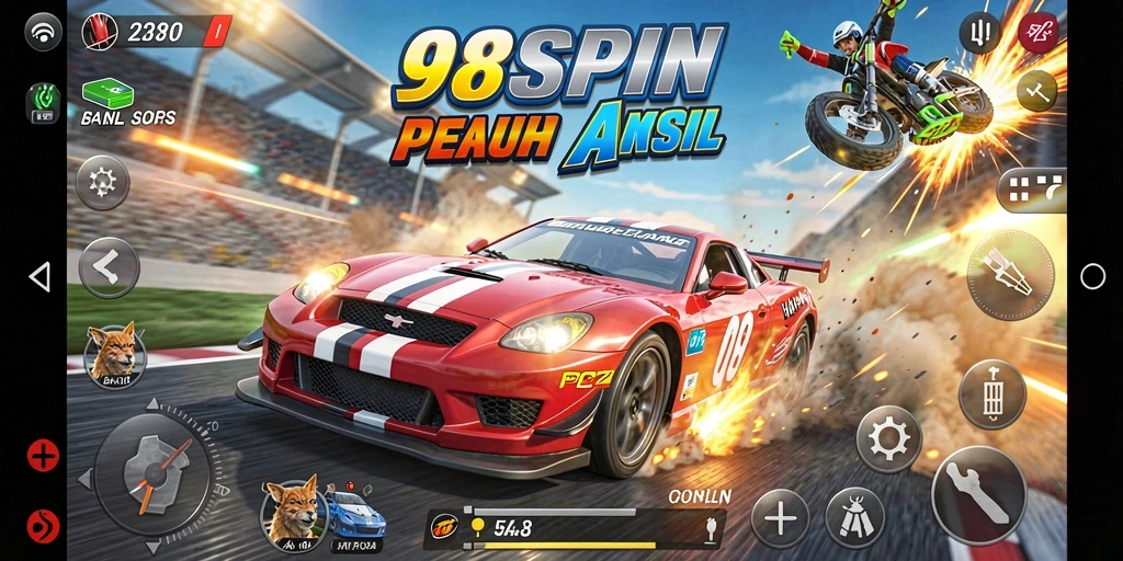 Tampilan gameplay <strong>98SPIN</strong> dengan balapan mendebarkan.