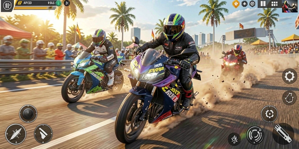 Screenshot menunjukkan akselerasi penuh motor dalam balapan.