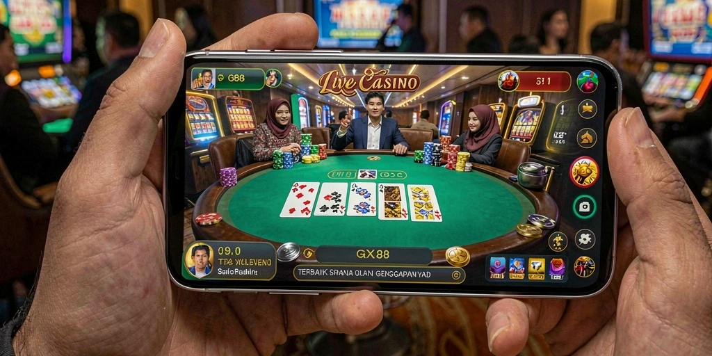 Screenshot gameplay GX88 menunjukkan dealer langsung dan suasana kasino yang dinamis.