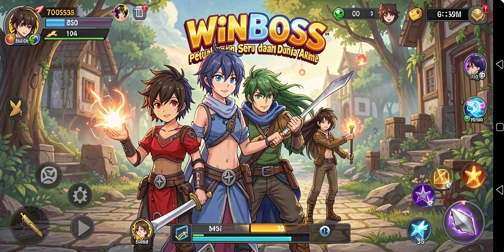 Tampilan gameplay seru dalam WINBOSS dengan karakter anime ikonik.